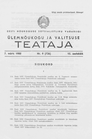 Eesti Nõukogude Sotsialistliku Vabariigi Ülemnõukogu ja Valitsuse Teataja ; 9 (726) 1980-03-07