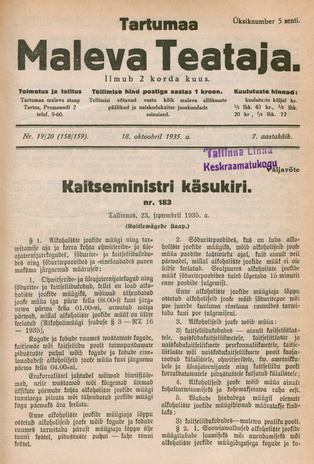 Tartumaa Maleva Teataja ; 19/20 (158/159) 1935-10-18