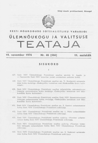 Eesti Nõukogude Sotsialistliku Vabariigi Ülemnõukogu ja Valitsuse Teataja ; 46 (566) 1976-11-19