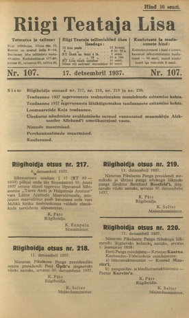Riigi Teataja Lisa : seaduste alustel avaldatud teadaanded ; 107 1937-12-17
