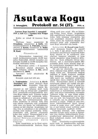 Asutawa Kogu protokoll nr.54 (27) (2. september 1919)