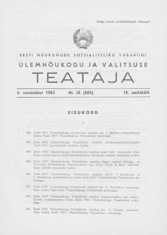 Eesti Nõukogude Sotsialistliku Vabariigi Ülemnõukogu ja Valitsuse Teataja ; 38 (686) 1983-11-04