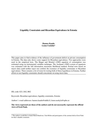 Liquidity constraints and Ricardian equivalence in Estonia (Eesti Panga toimetised / Working Papers of Eesti Pank ; 7)