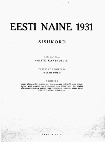 Eesti Naine : naiste ja kodude ajakiri ; sisukord 1931