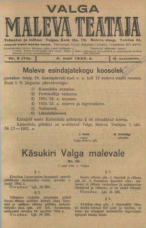 Valga Maleva Teataja ; 8 (75) 1932-05-04