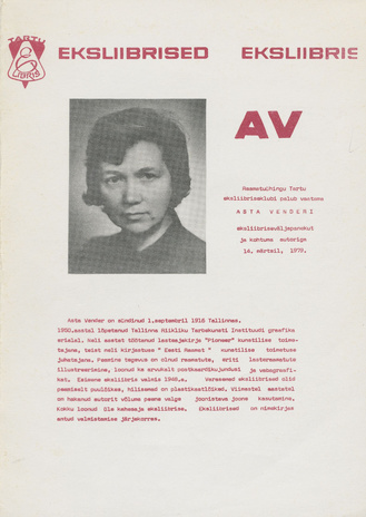 Asta Vender : eksliibrised : näituse kataloog, Raamatuühingu Tartu eksliibriseklubi, 14. märtsil 1979 
