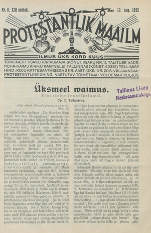 Protestantlik Maailm : Usu- ja kirikuküsimusi käsitlev vabameelne ajakiri ; 8 1935-08-17