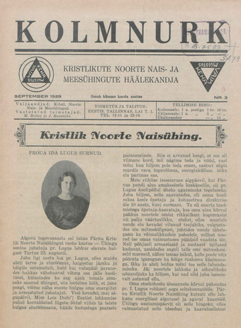 Kolmnurk : Kristlikute Noorte Nais- ja Meesühingute häälekandja ; 3 1929-09