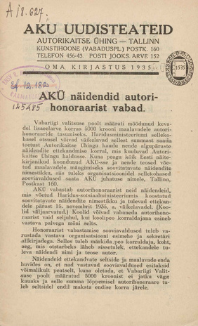 AKÜ Uudisteateid ; 1 1935