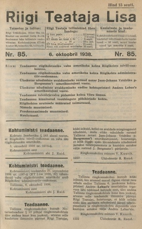 Riigi Teataja Lisa : seaduste alustel avaldatud teadaanded ; 85 1938-10-06
