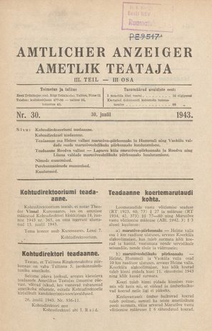 Ametlik Teataja. III osa = Amtlicher Anzeiger. III Teil ; 30 1943-07-30