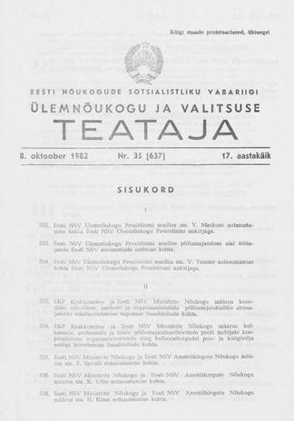 Eesti Nõukogude Sotsialistliku Vabariigi Ülemnõukogu ja Valitsuse Teataja ; 35 (637) 1982-10-08