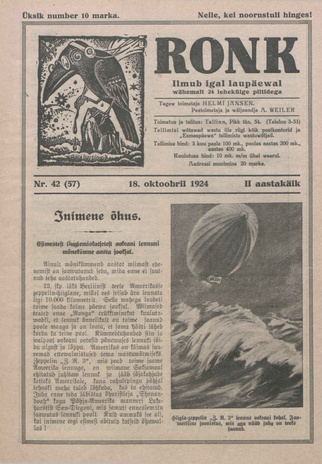 Ronk : perekonna ja noorsoo ajakiri ; 42 (57) 1924-10-18