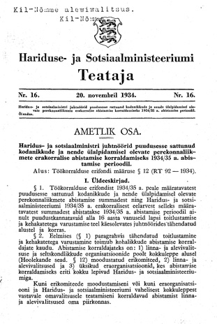 Hariduse- ja Sotsiaalministeeriumi Teataja ; 16 1934-11-20