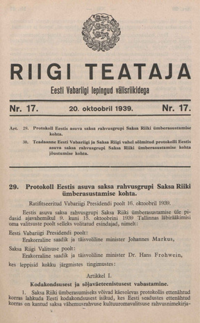 Riigi Teataja. Eesti Vabariigi lepingud välisriikidega ; 17 1939-10-20