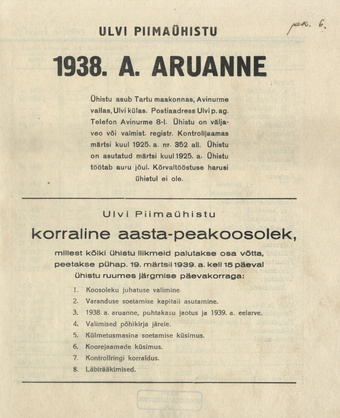Ulvi Piimaühistu 1938 a. aruanne ; 1939