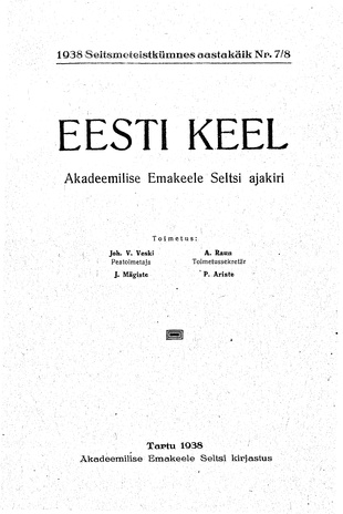 Eesti Keel ; 7-8 1938