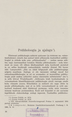 Psühholoogia ja ajalugu : [VIII rahvusvahelisel filosoofiakongressil Prahas 3. sept. 1934 peetud ettekanne