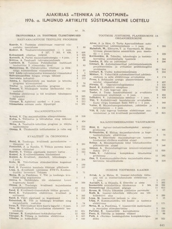 Tehnika ja Tootmine ; sisukord 1976-12