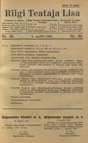 Riigi Teataja Lisa : seaduste alustel avaldatud teadaanded ; 30 1936-04-09