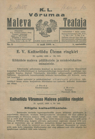 K. L. Võrumaa Maleva Teataja ; 2 1933-05-01