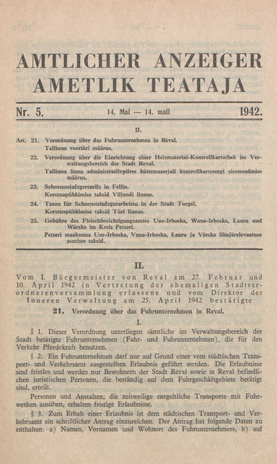 Ametlik Teataja. I/II osa = Amtlicher Anzeiger. I/II Teil ; 5 1942-05-14