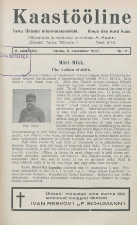 Kaastööline : Tartu Ühisabi Informatsioonileht ; 11 1937-11-03