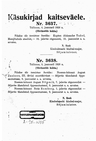 Käsukirjad kaitseväele : 1928 : nr. 3637-3886 : 4. jaan. - 31. dets.