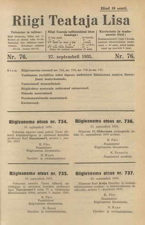 Riigi Teataja Lisa : seaduste alustel avaldatud teadaanded ; 76 1935-09-27