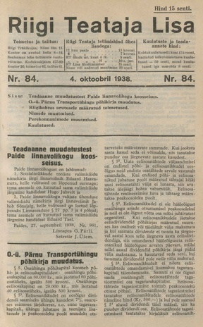 Riigi Teataja Lisa : seaduste alustel avaldatud teadaanded ; 84 1938-10-04