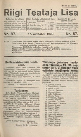 Riigi Teataja Lisa : seaduste alustel avaldatud teadaanded ; 87 1939-10-17
