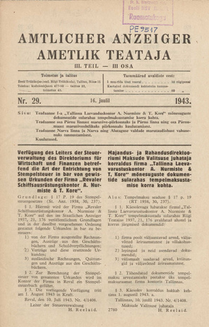Ametlik Teataja. III osa = Amtlicher Anzeiger. III Teil ; 29 1943-07-16