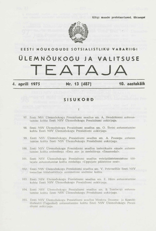 Eesti Nõukogude Sotsialistliku Vabariigi Ülemnõukogu ja Valitsuse Teataja ; 13 (487) 1975-04-04