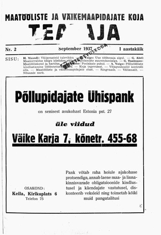 Maatööliste ja Väikemaapidajate Koja Teataja ; 2 1937-09