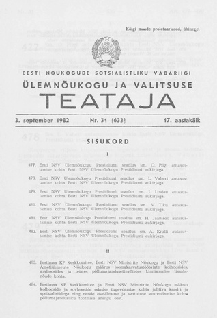 Eesti Nõukogude Sotsialistliku Vabariigi Ülemnõukogu ja Valitsuse Teataja ; 31 (633) 1982-09-03