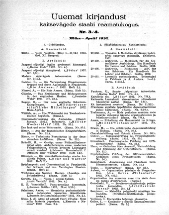 Uuemat Kirjandust Kaitsevägede Staabi raamatukogus ; 3-4 1932