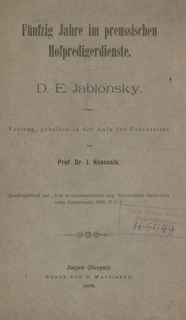 Fünfzig Jahre im preussischen Hafpredigerdienste : D.E. Jablonsky : Vortrag
