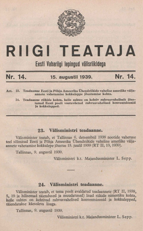 Riigi Teataja. Eesti Vabariigi lepingud välisriikidega ; 14 1939-08-15