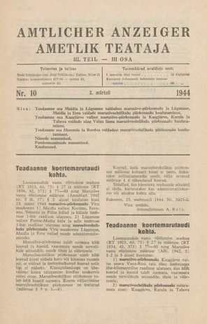 Ametlik Teataja. III osa = Amtlicher Anzeiger. III Teil ; 10 1944-03-03