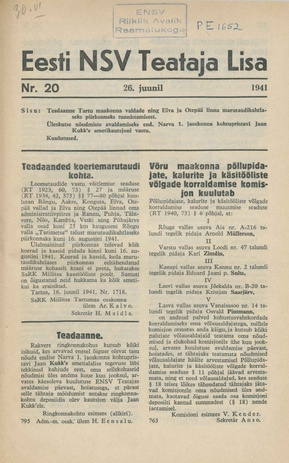 Eesti NSV Teataja lisa ; 20 1941-06-26