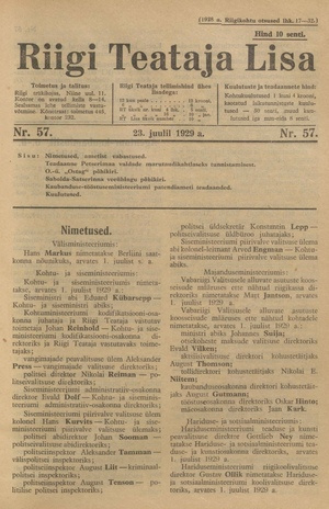 Riigi Teataja Lisa : seaduste alustel avaldatud teadaanded ; 57 1929-07-23