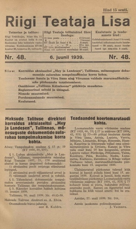 Riigi Teataja Lisa : seaduste alustel avaldatud teadaanded ; 48 1939-06-06