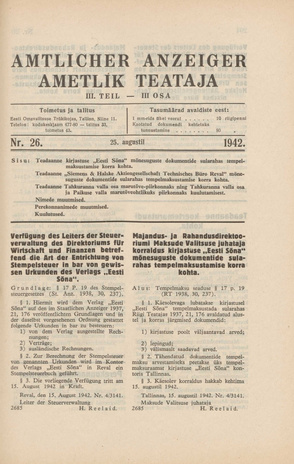 Ametlik Teataja. III osa = Amtlicher Anzeiger. III Teil ; 26 1942-08-25