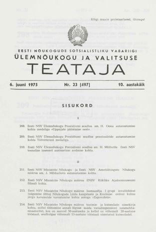 Eesti Nõukogude Sotsialistliku Vabariigi Ülemnõukogu ja Valitsuse Teataja ; 23 (497) 1975-06-06