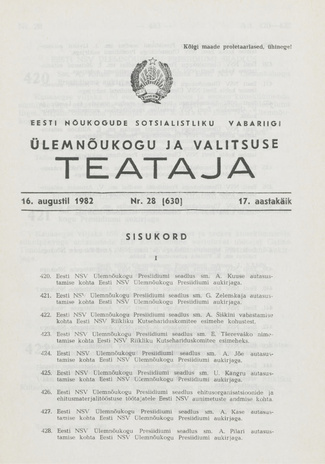 Eesti Nõukogude Sotsialistliku Vabariigi Ülemnõukogu ja Valitsuse Teataja ; 28 (630) 1982-08-16
