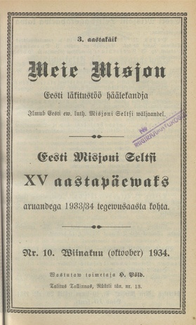 Meie Misjon : Eesti läkitustöö häälekandja ; 10 1934-10