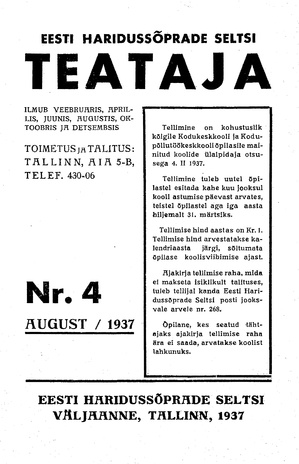 Eesti Haridussõprade Seltsi Teataja ; 4 1937-08