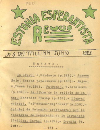 Estonia Esperantista Revuo ; 6 (34) 1922-06