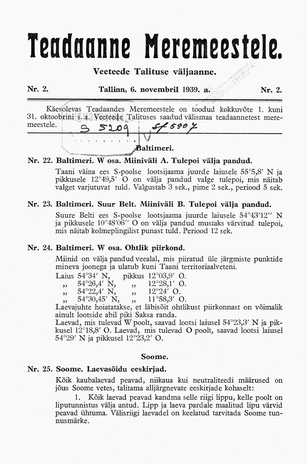 Teadaanne Meremeestele : Veeteede Talituse väljaanne ; 2 1939-11-06