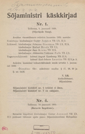 Sõjaministri käskkirjad : 1939 : 5. jaan. - 23. dets. : nr. 1-163